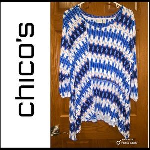 EUC Chico’s Zenergy Size 4 Asymmetric Tie Dye Chevron Top